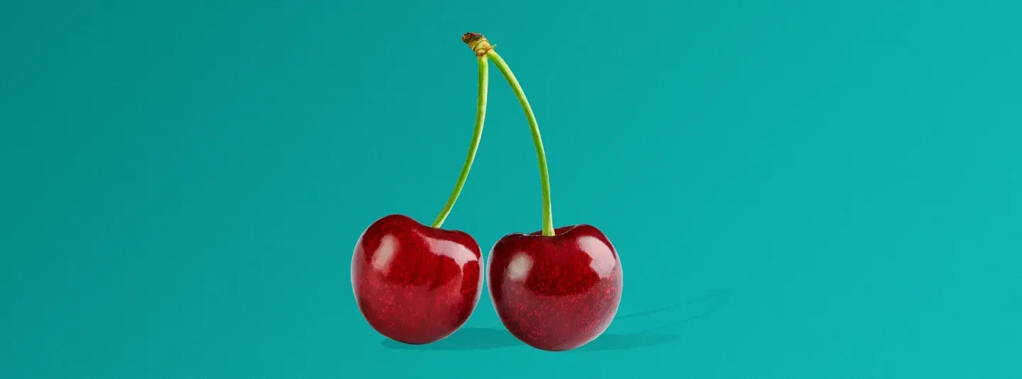 Two tart cherries connected at the stems against a teal background.