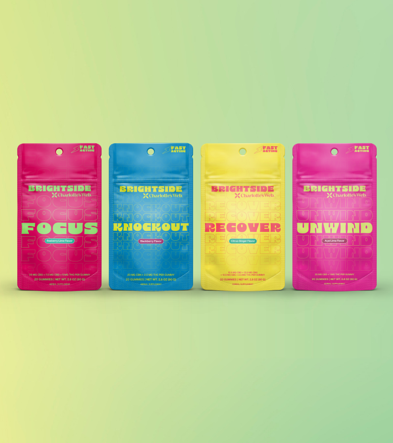 Line up of Brightside THC Gummies collection on green gradient background
