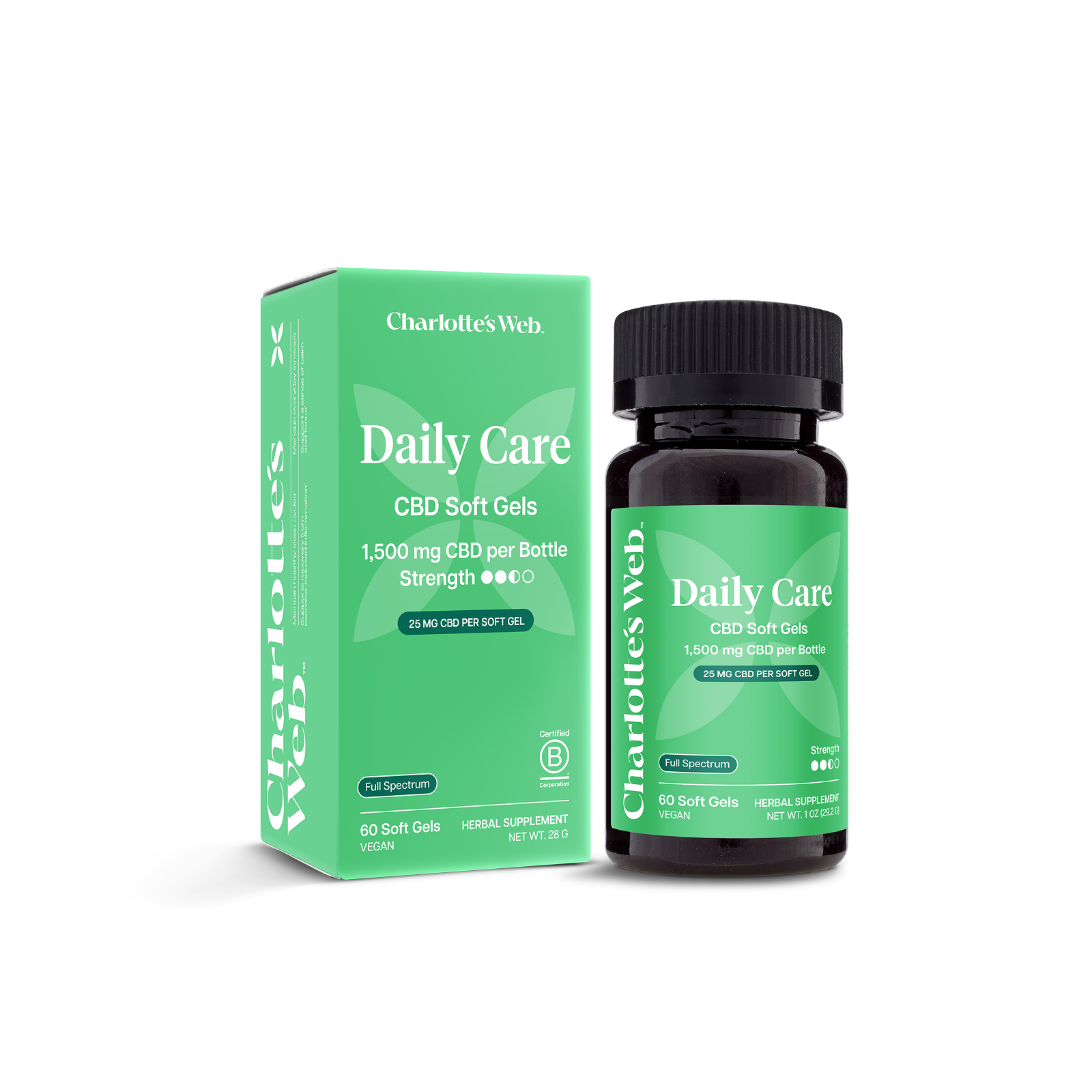 Product Image for Charlotte's Web Daily Care CBD Soft Gels packaging and bottle on a white background