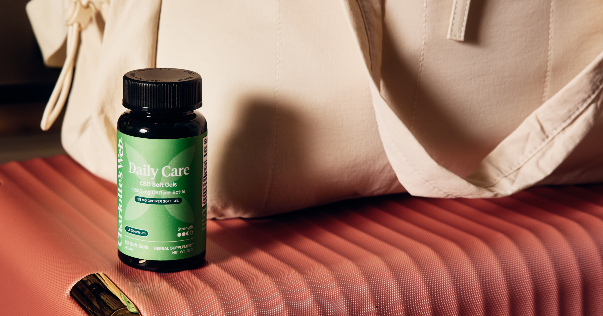 Supplement bottle labeled 'Daily Care' on a surface with a beige bag in the background