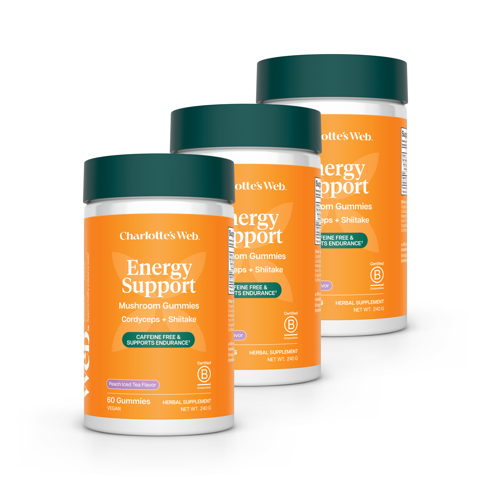 Three bottles of Charlotte's Web Energy Support gummies on a white background