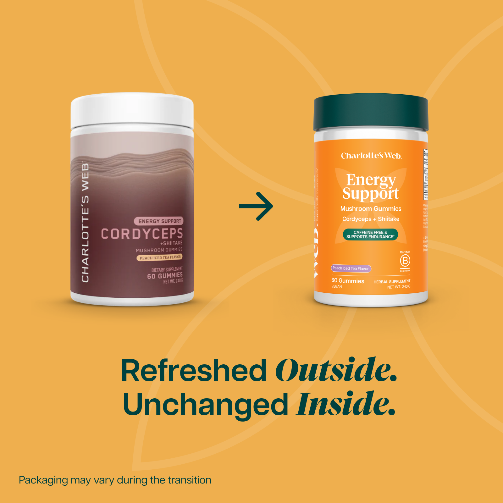 Two supplement containers with a brand logo on an orange background, featuring text 'Refreshed Outside. Unchanged Inside.'