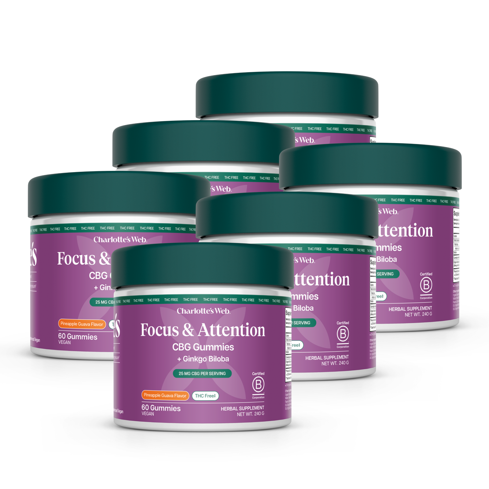 Product Image for Multiple containers of Charlotte's Web Focus & Attention CBG Gummies on a white background
