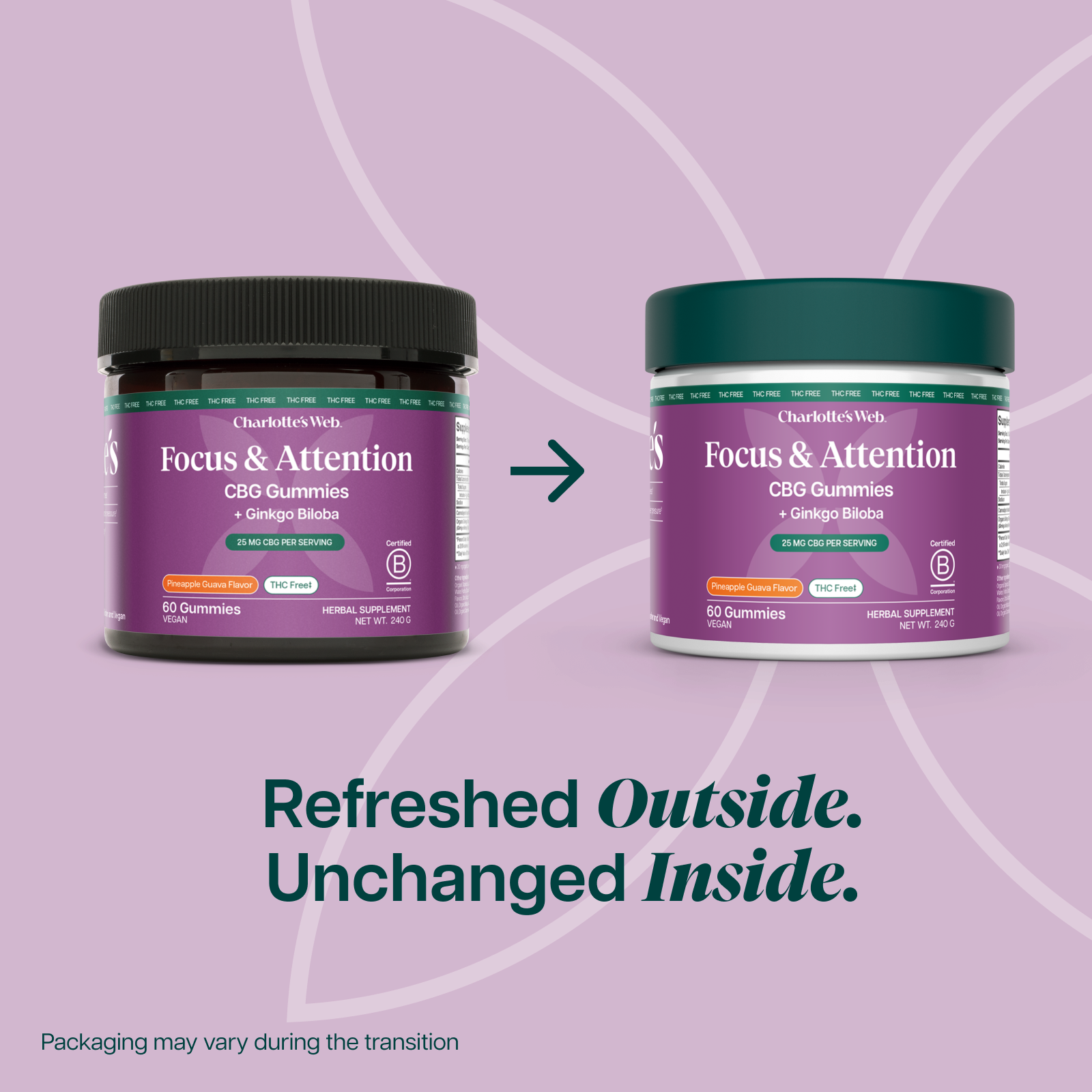 Two containers of CBG focus and attention gummies on purple background