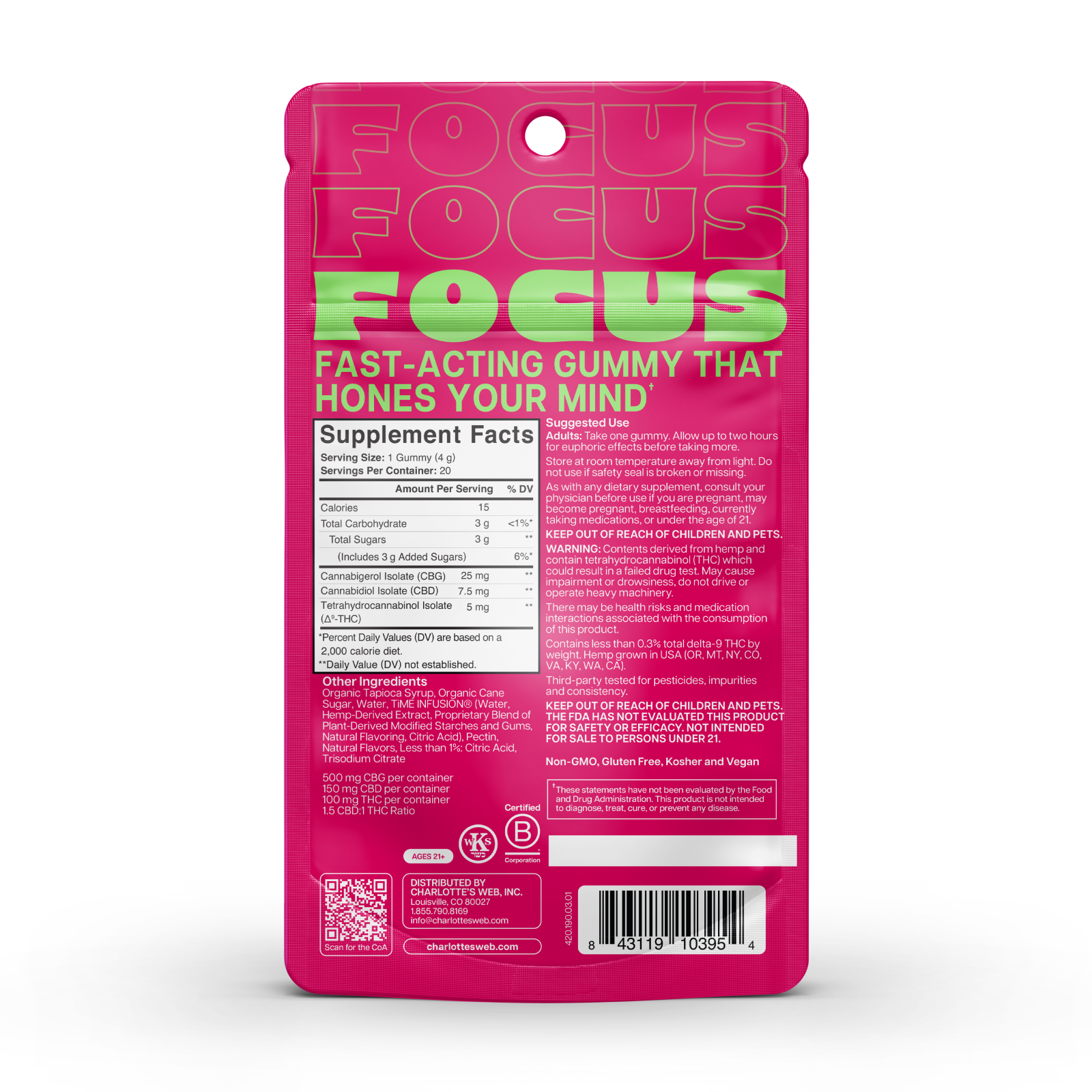 Product Image for Pink packaging of 'Focus' gummy supplement with green text on a white background