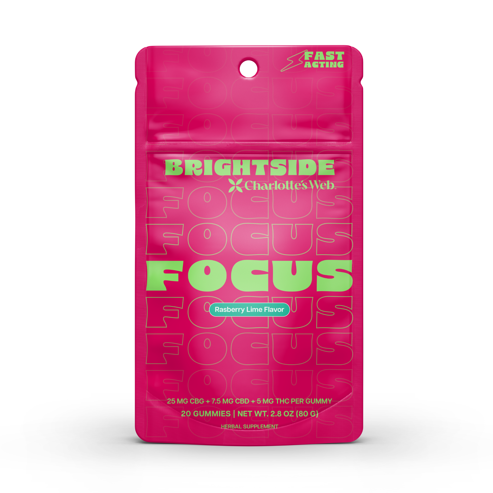 Pink packaging of Brightside Focus gummies with green text on a white background