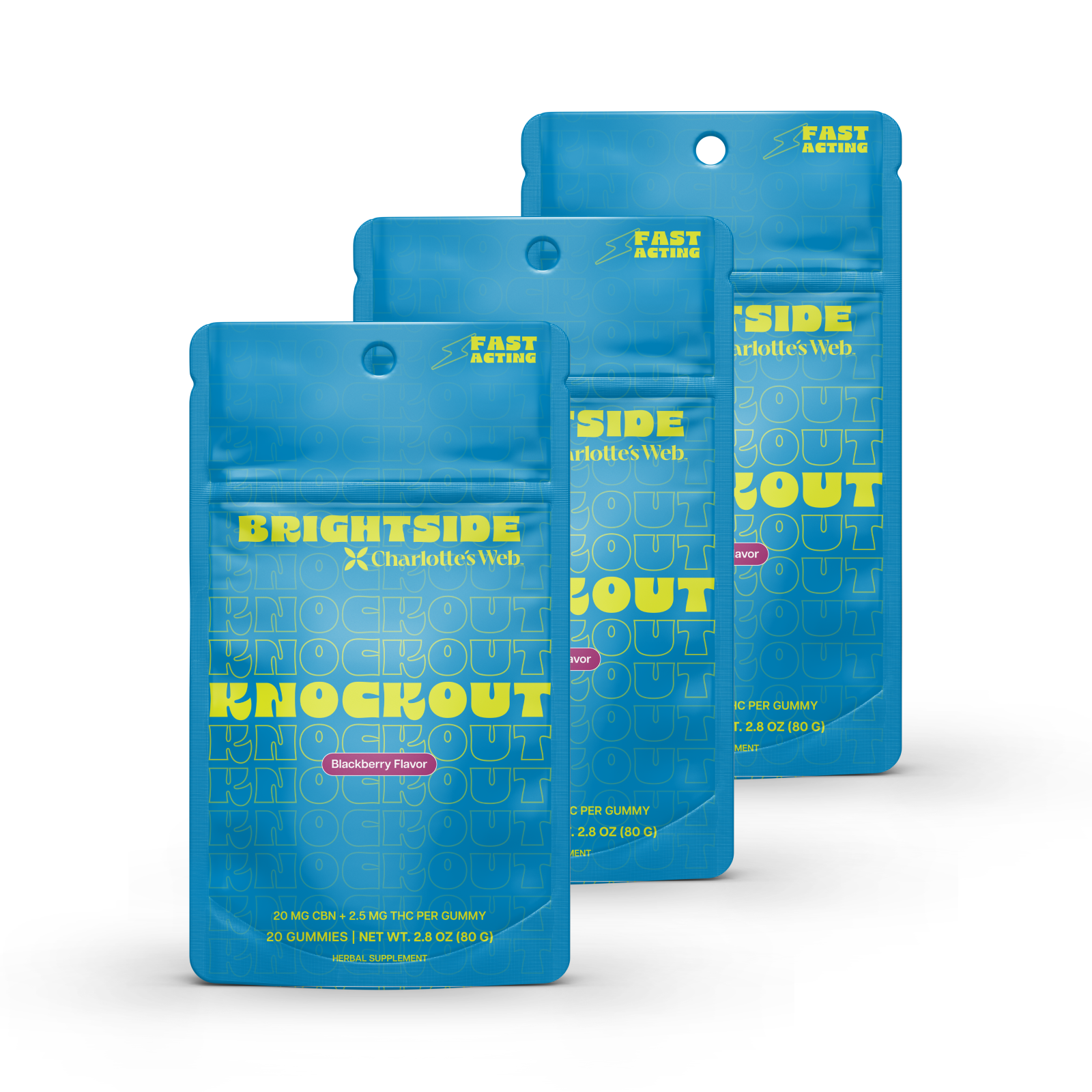 Pack of 3 Knockout Brighside Gummies on white background
