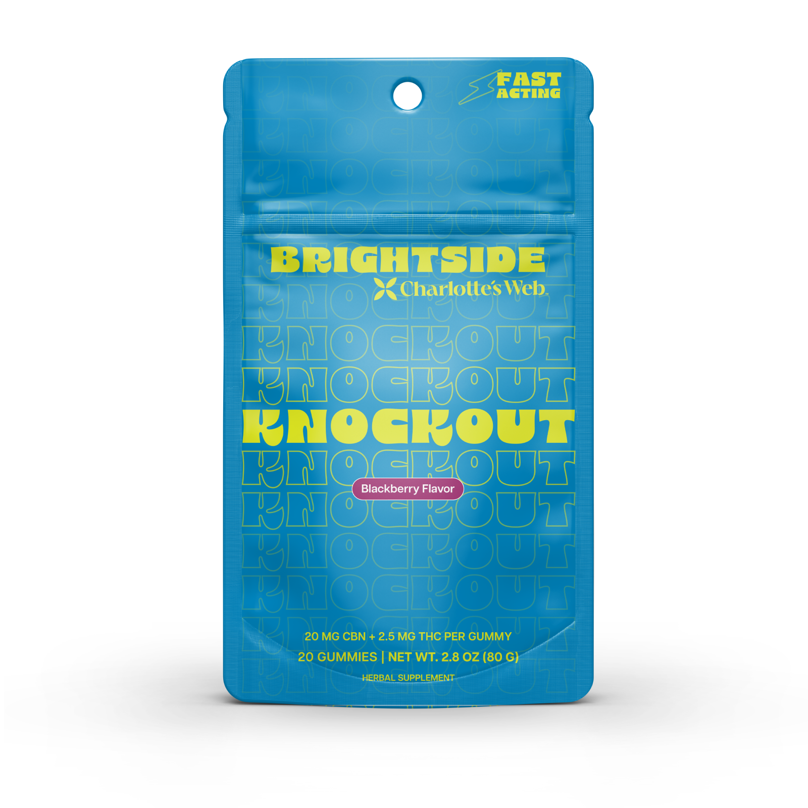 Blue packaging of Brightside Charlotte's Web Knockout gummies on a white background