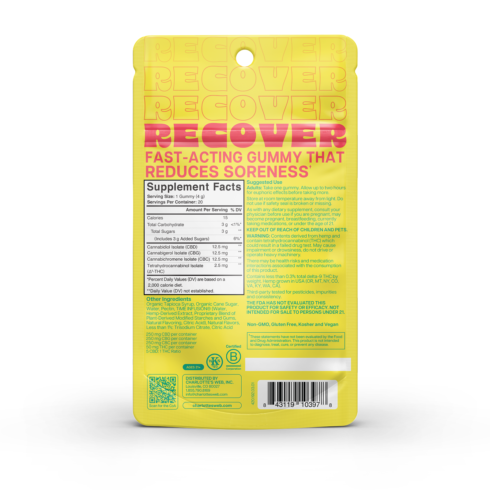 Product Image for Yellow package of 'RECOVER' fast-acting gummies on a white background