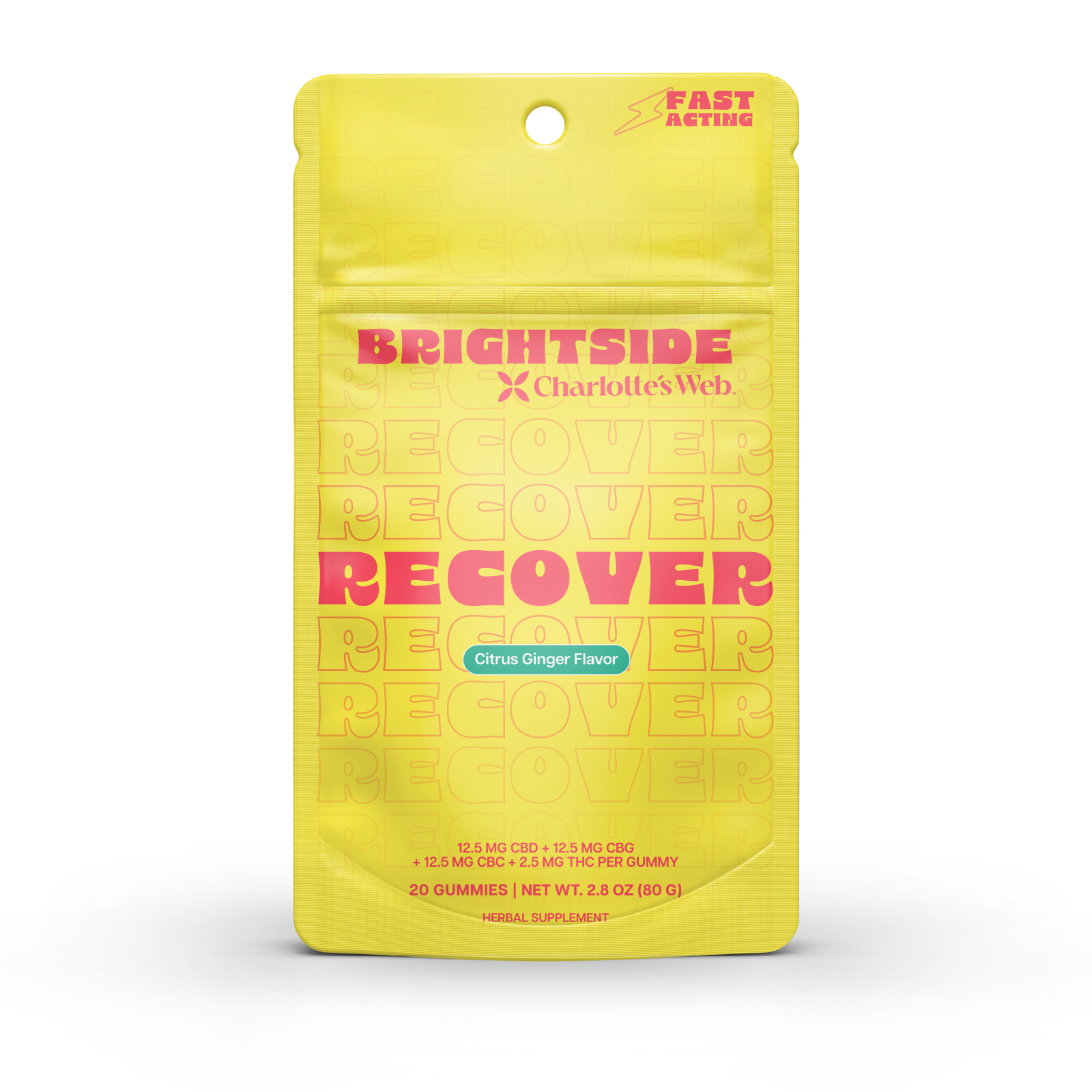 Yellow package of Brightside Charlotte's Web Recover gummies on a white background