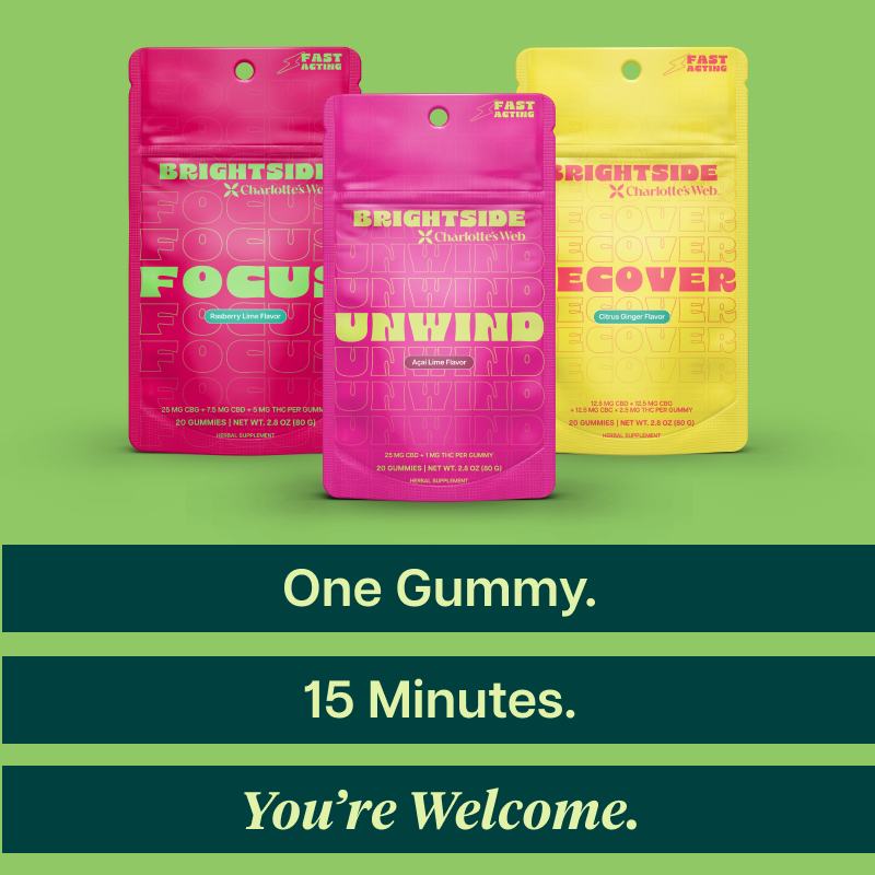 Three gummy packaging with 'Brightside' branding on a green background