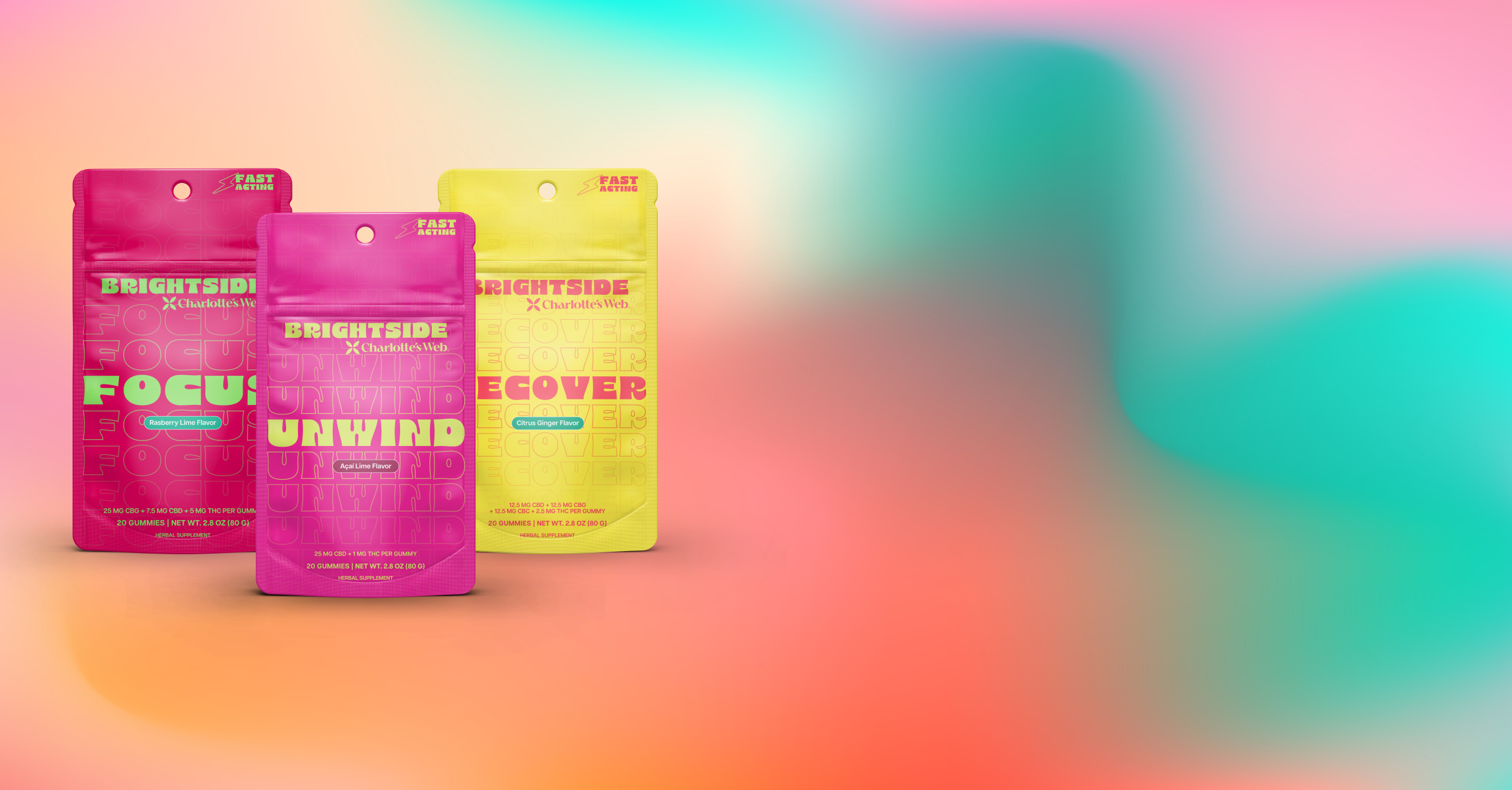 Three colorful 'Brightside' supplement packages on a gradient background