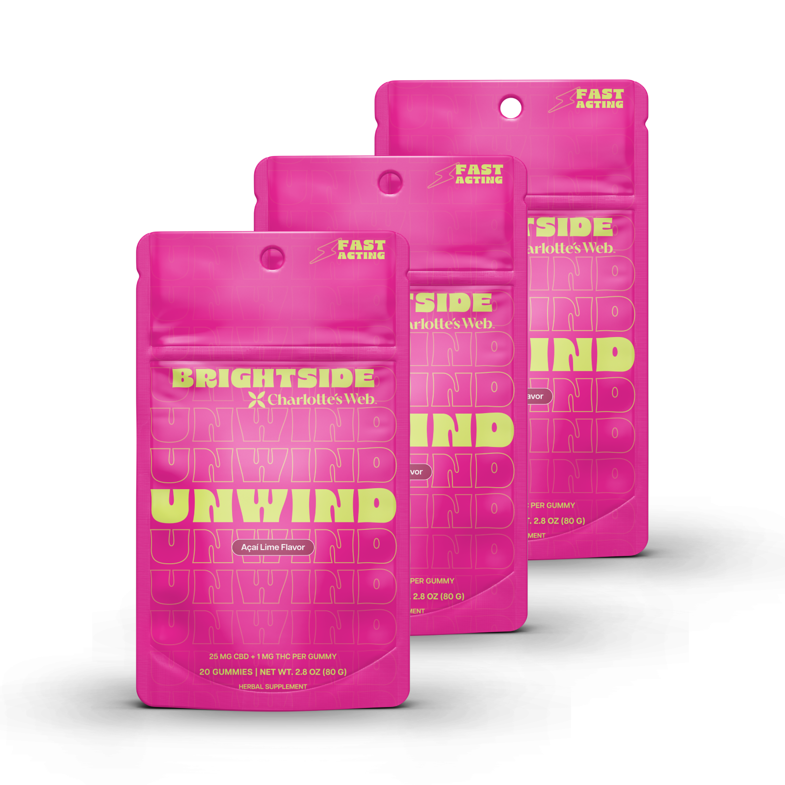Pink packages of 'Brightside' by Charlotte's Web on a white background