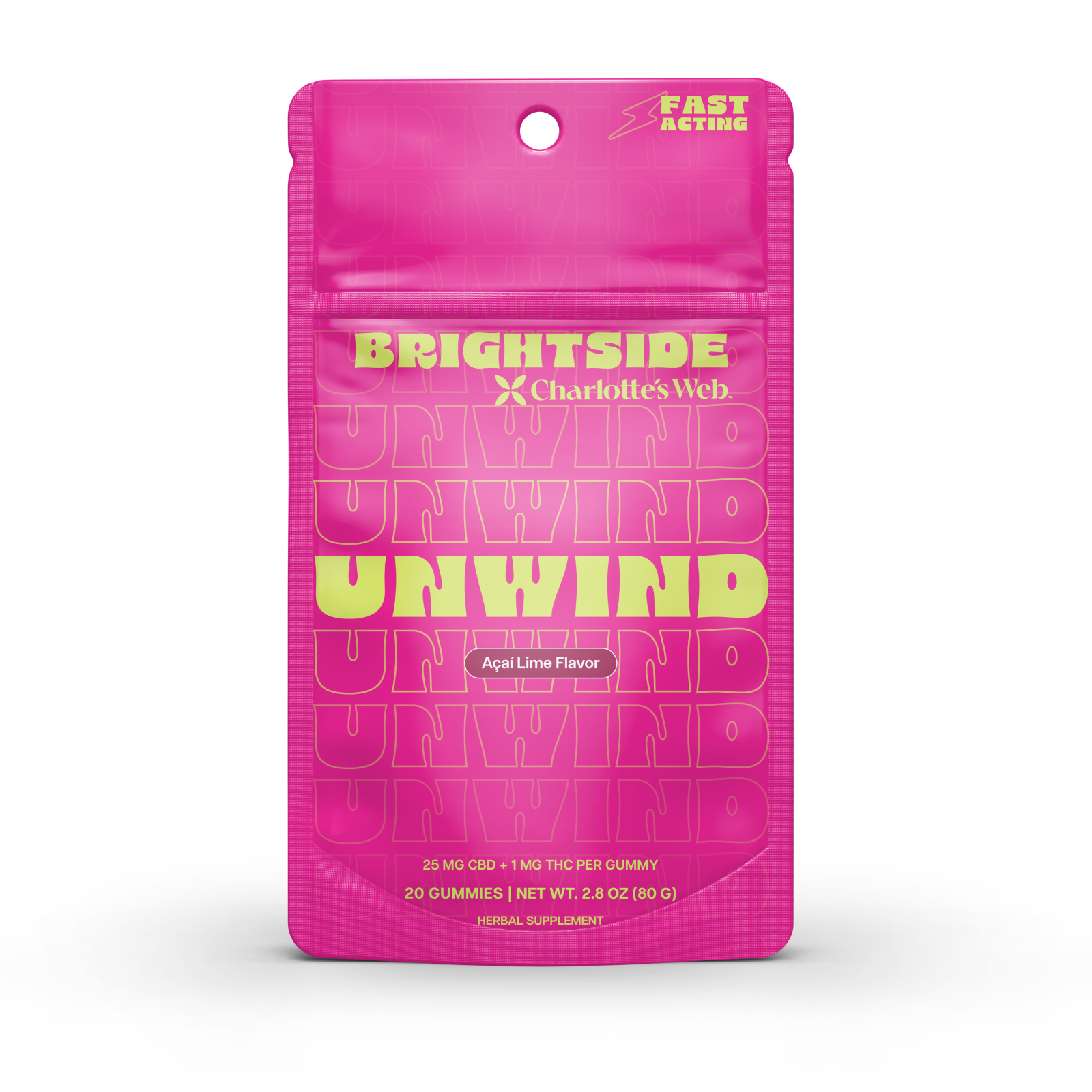 Pink packaging of Brightside Unwind gummies by Charlotte's Web on a white background