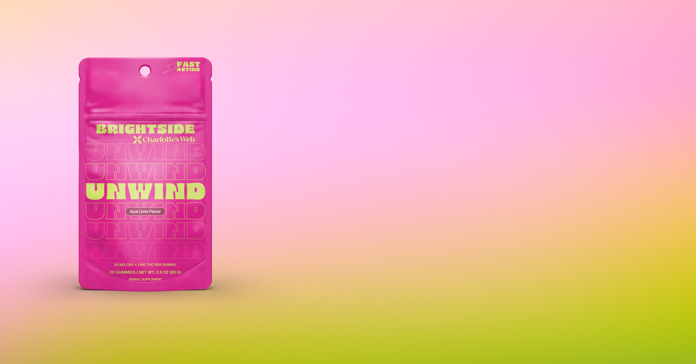 Pink packaging with 'Unwind' text on a gradient background