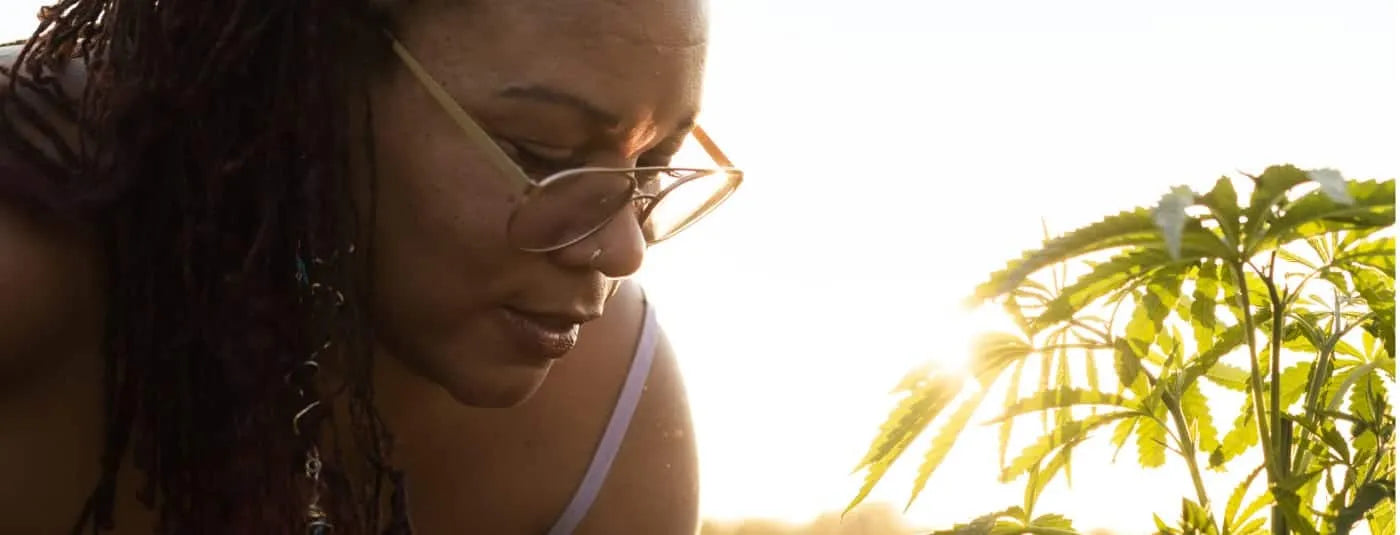 Woman with glasses looking closely at plants.