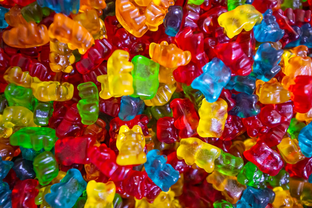 Assorted colorful gummy bears close up view