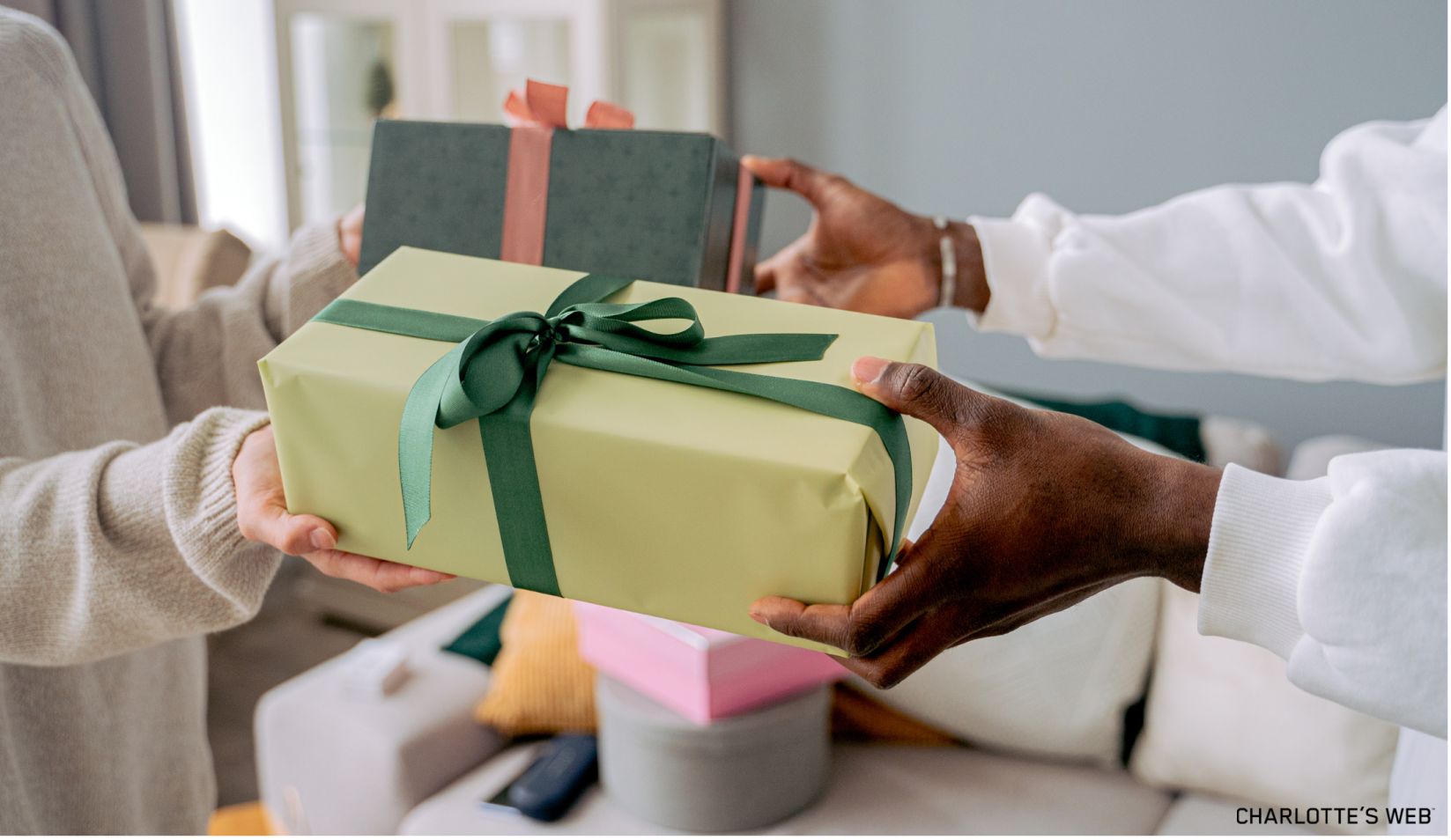 A person handing another person a beautifully wrapped gift to celebrate. 