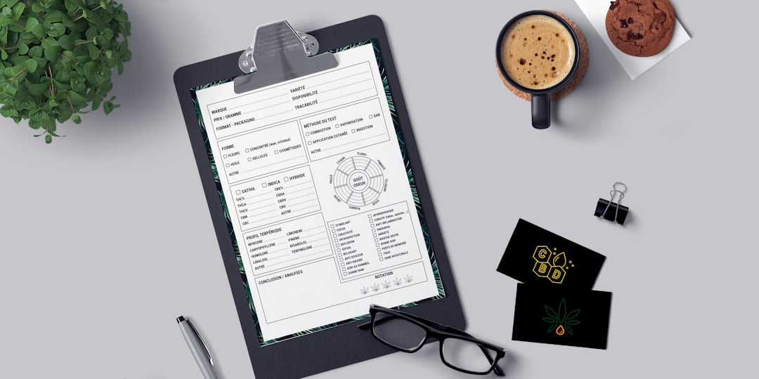 Clipboard, coffee, glasses, cards and cookie on desk