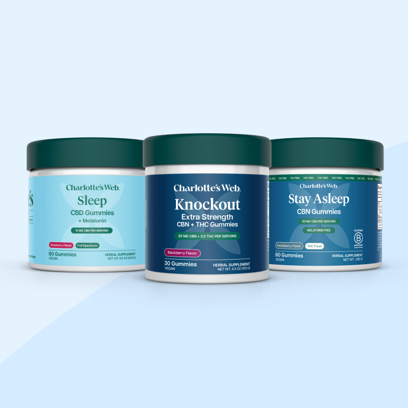 Charlotte's Web Sleep, Knockout, and Stay Asleep Jars on soft blue toned background