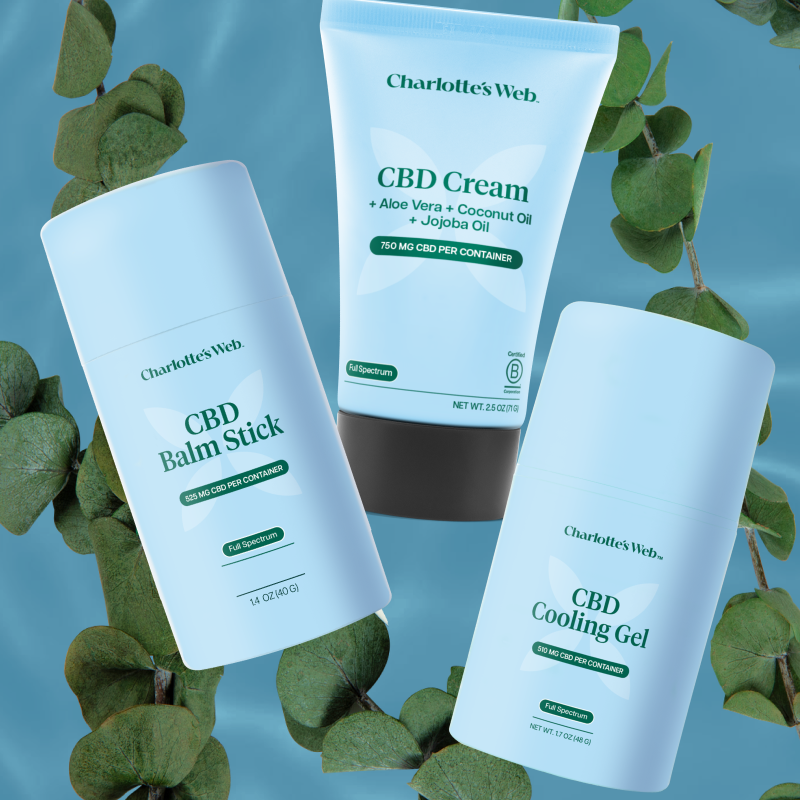 Charlotte's Web CBD topicals: 450mg balm and 750mg cream, blue packaging