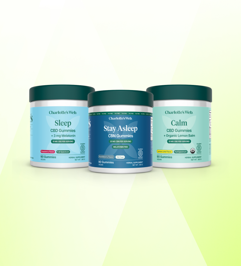 Three containers of Charlotte's Web gummies on a gradient background