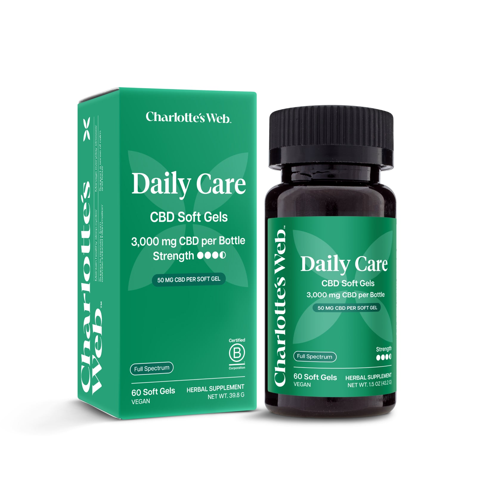 Charlotte's Web Daily Care CBD Soft Gels, featuring a green product box and a dark amber bottle with a black cap, both displaying the brand and product details on a white background.