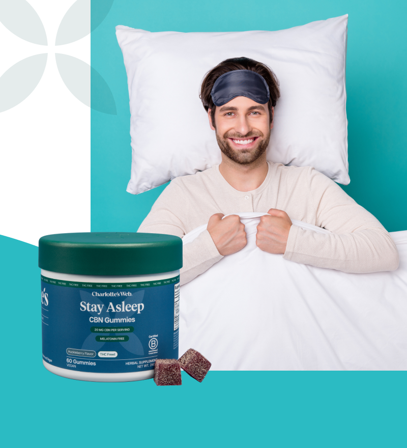 Man in bed with a jar of Charlotte's Web Stay Asleep CBD Gummies on a teal background