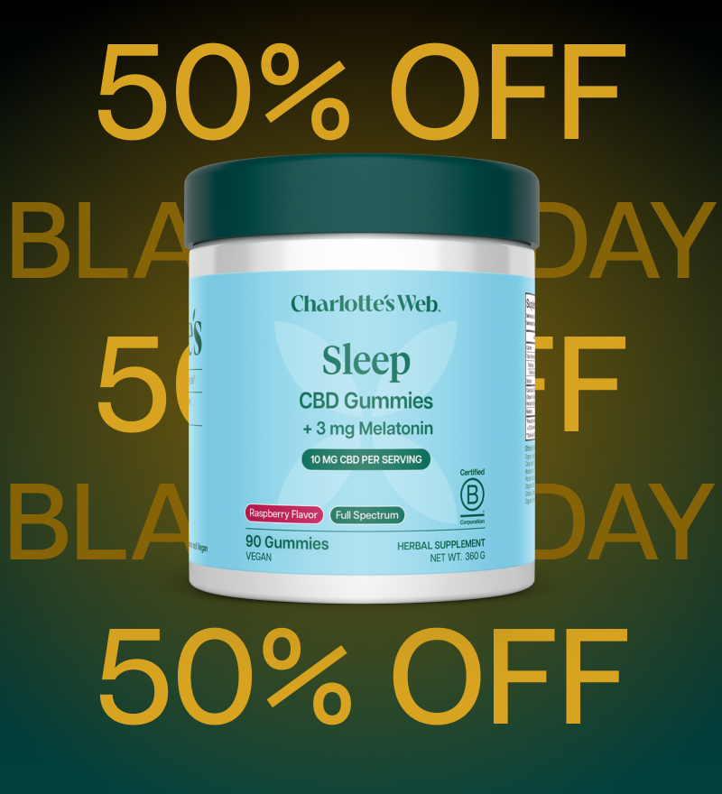 Charlotte's Web Sleep CBD Gummies container with promotional text on a dark background