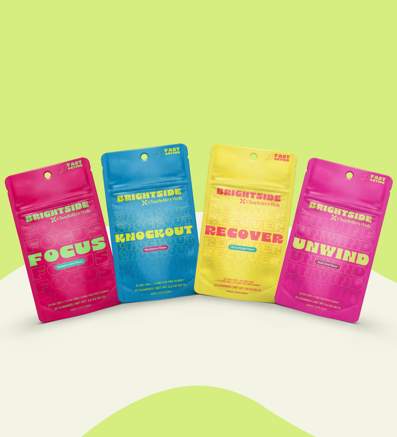 Charlotte's Web Brightside Focus, Knockout, Recover, and Unwind packages with a green background