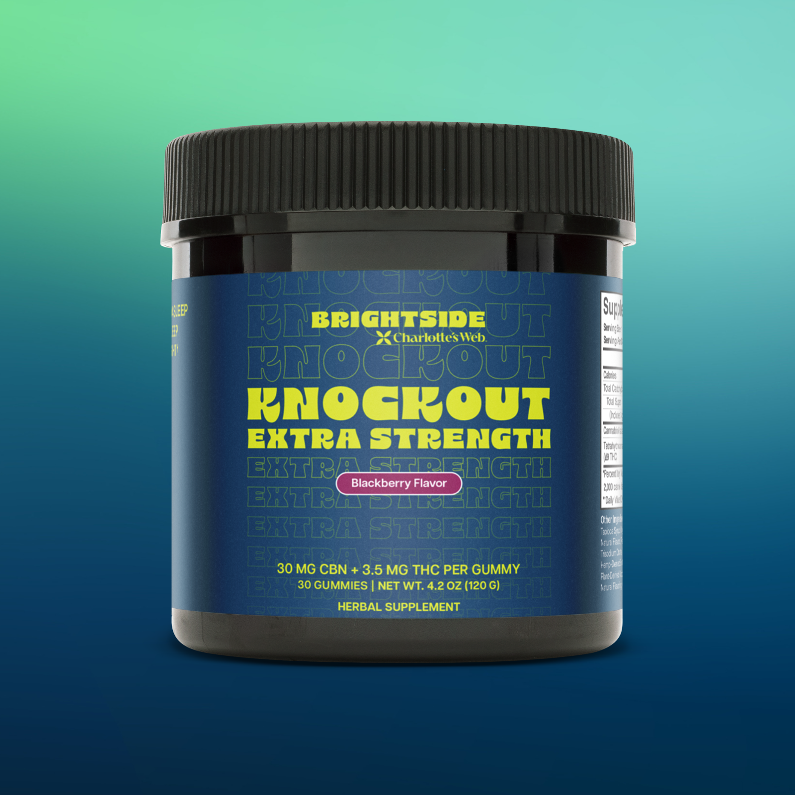 Product Image for Jar of Charlotte's Web Brightside Knockout Extra Strength gummies on a gradient background.