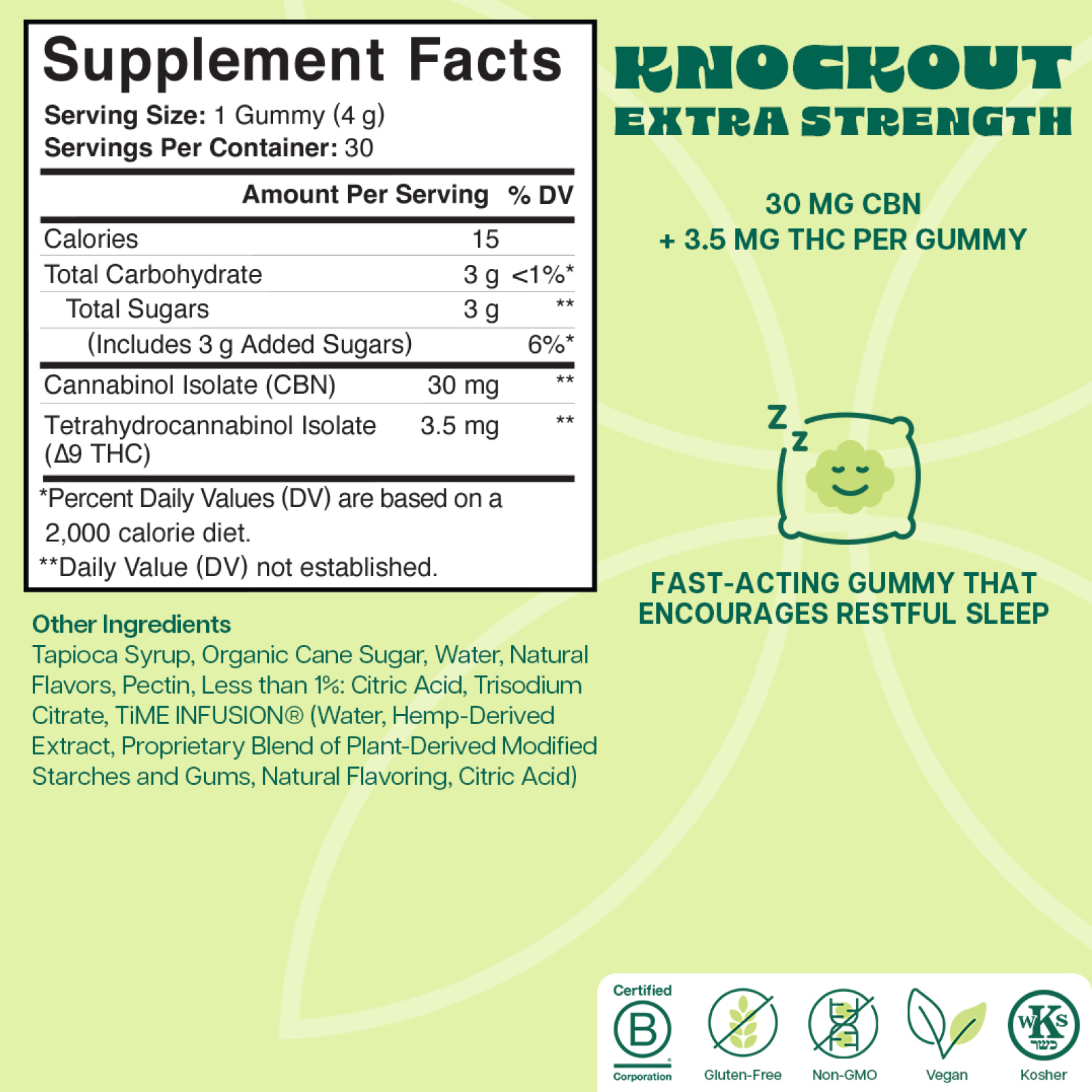 Product Image for Supplement facts label for Knockout Extra Strength gummies with CBN and THC on a green background.
