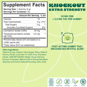 Product Image for Supplement facts label for Knockout Extra Strength gummies with CBN and THC on a green background.