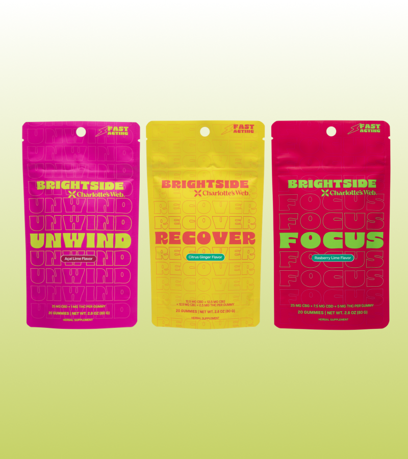 Three colorful packaging bags with text on a light green background