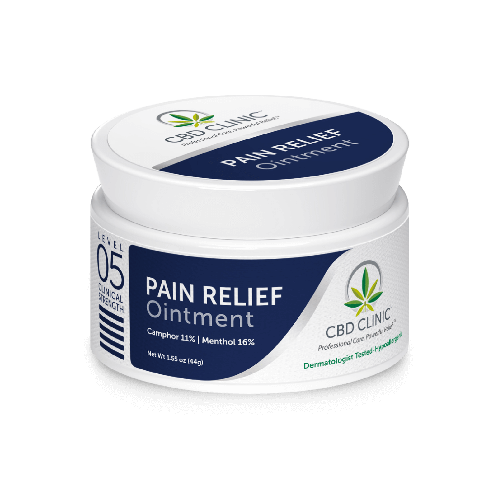 Jar of CBD Clinic Pain Relief Ointment on a black background