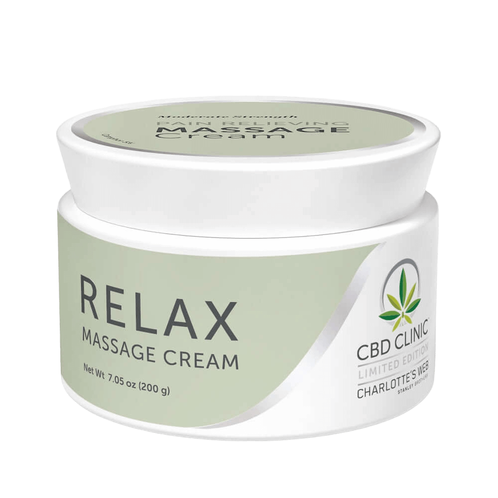 Jar of Relax Massage Cream by CBD Clinic on a black background