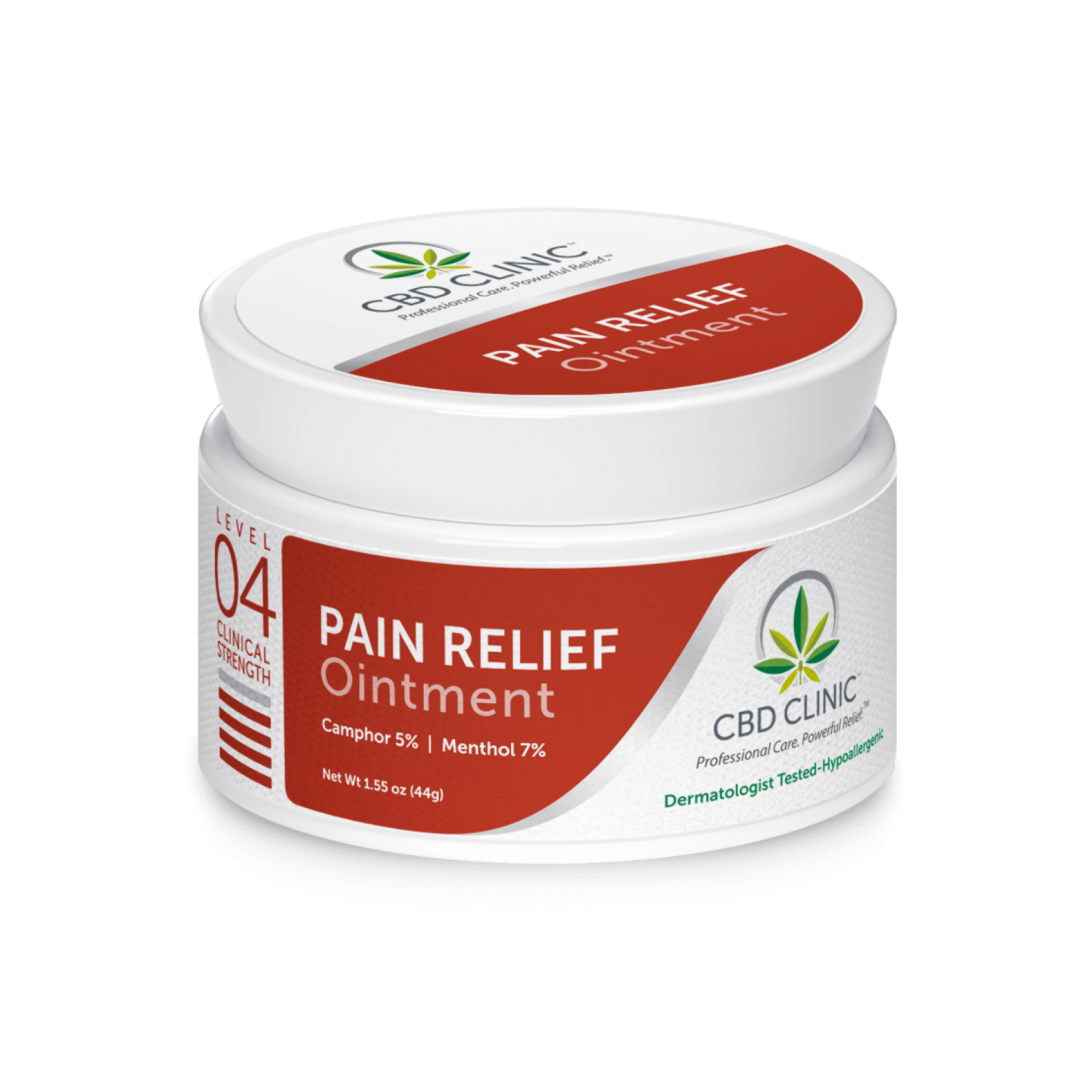Jar of CBD Clinic Pain Relief Ointment on a black background