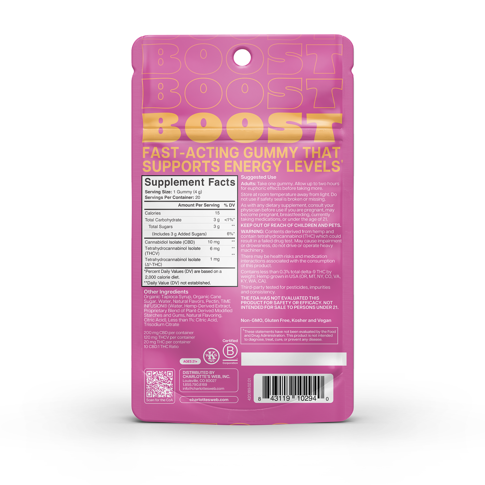 Product Image for Pink packaging of Charlotte's Web Brightside Boost gummies with supplement facts on a white background