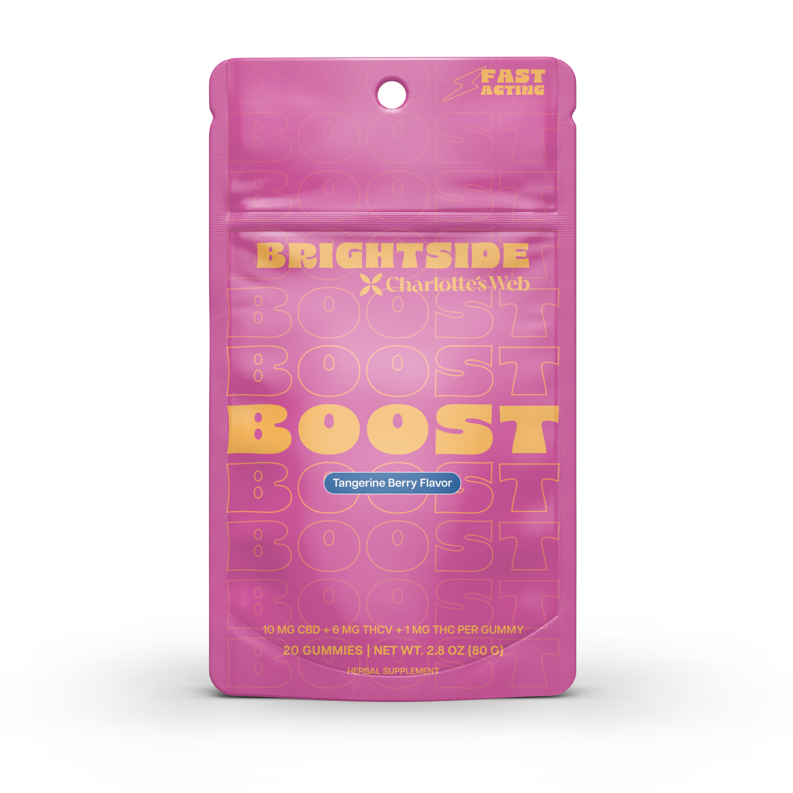 Pink packaging of Charlotte's Web Brightside Boost gummies on a white background
