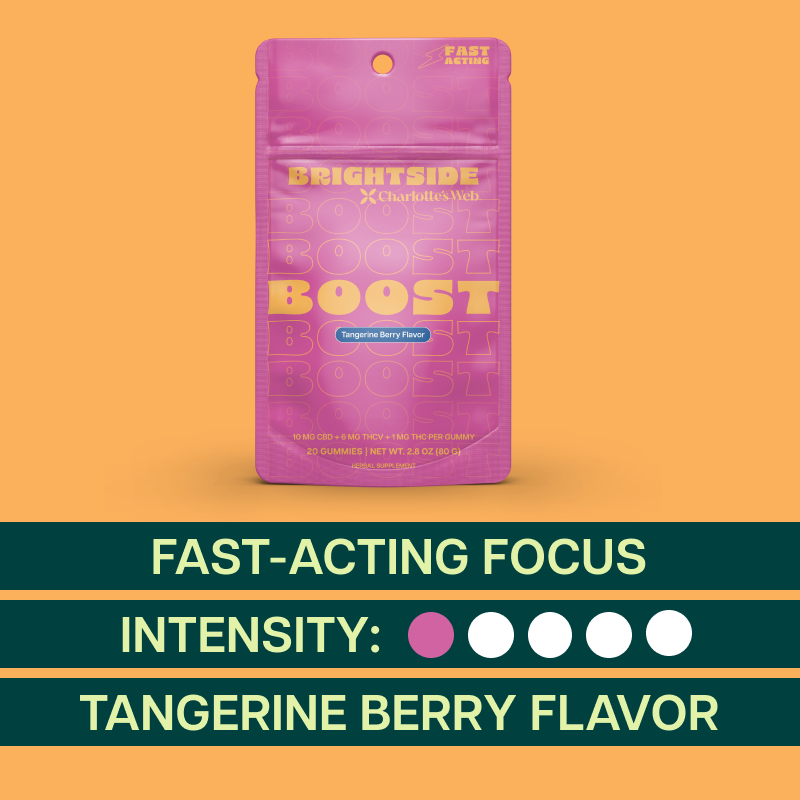 Charlotte's Web Brightside Boost Gummy package with flavor and intensity on an orange background