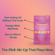 Product Image for Pink packaging of Charlotte's Web Brightside Boost gummies on a gradient background with text about key selling points