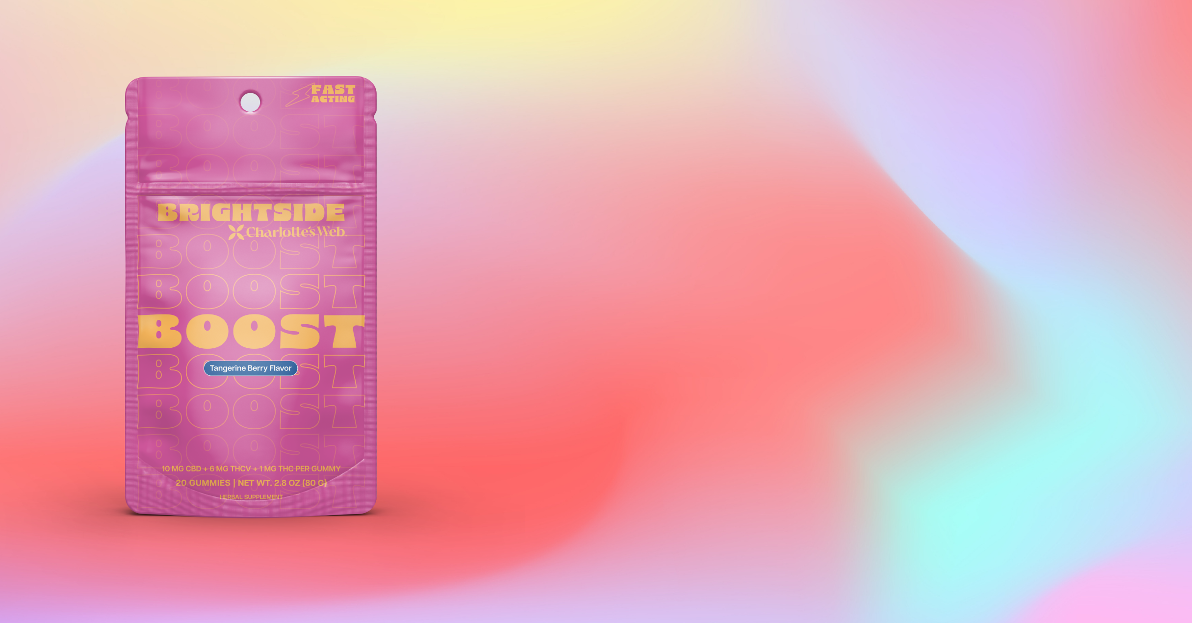 Charlotte's Web Brightside Boost gummy package on a pink gradient background