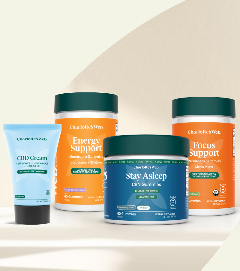 Collection of Charlottes Web health and wellness products on a beige background
