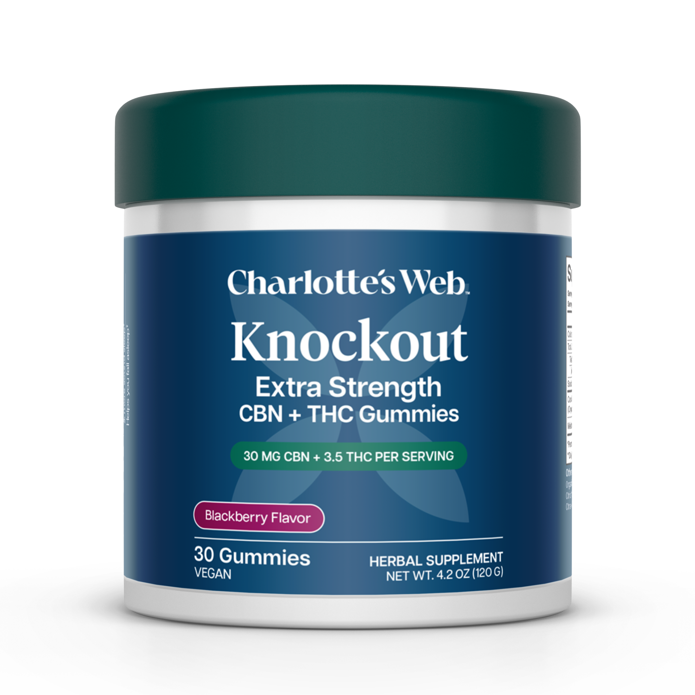 Charlotte's Web Knockout Extra Strength CBN + THC Gummies in a white plastic jar with a dark teal lid and navy blue label, shown on a white background.