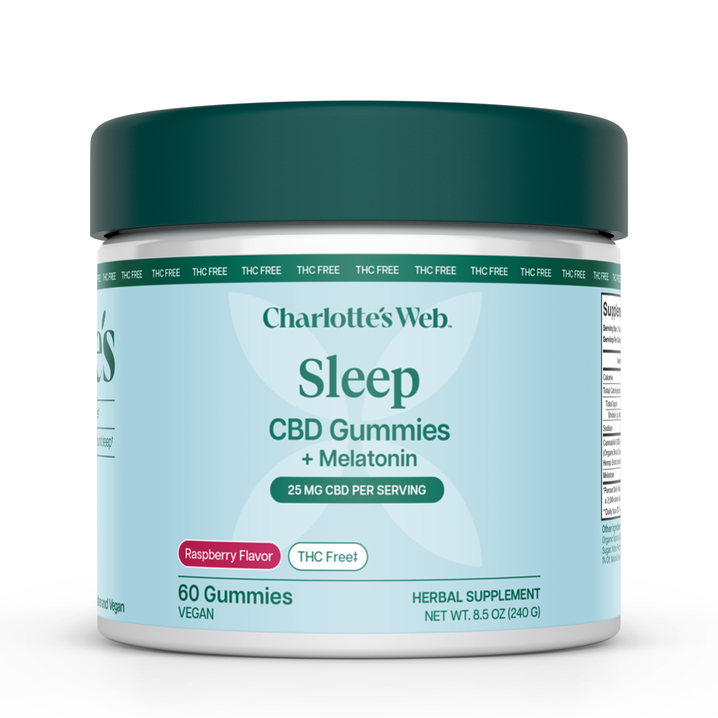 Charlotte's Web Sleep CBD Gummies + Melatonin jar in Raspberry Flavor, featuring a dark teal lid and a light blue label with white text.