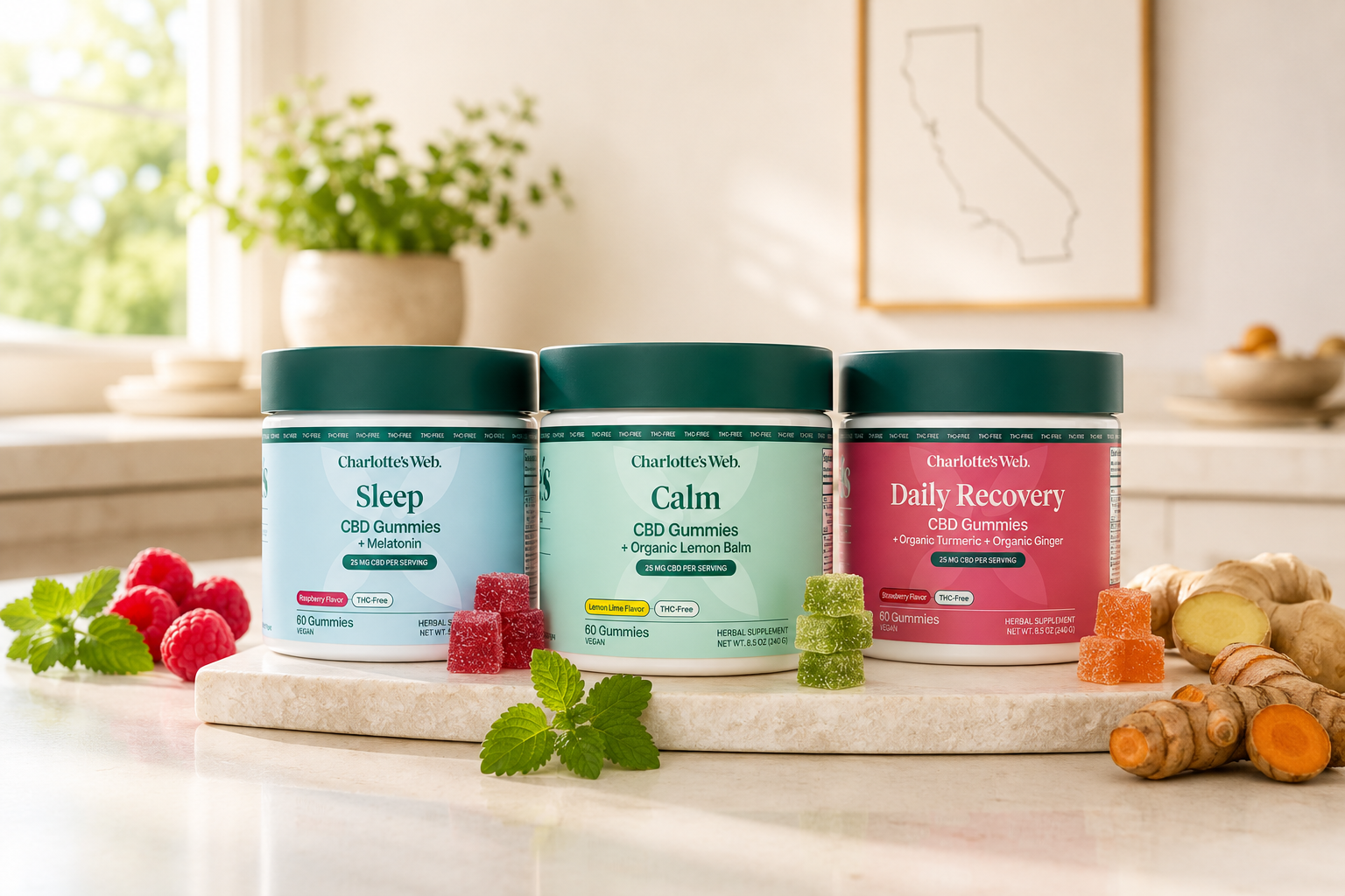 Three Charlotte Web CBD gummies jars labeled Sleep, Calm, and Daily Recovery, arranged on a marble board with raspberries, mint, gummy bears, ginger, and turmeric in a bright kitchen setting.
