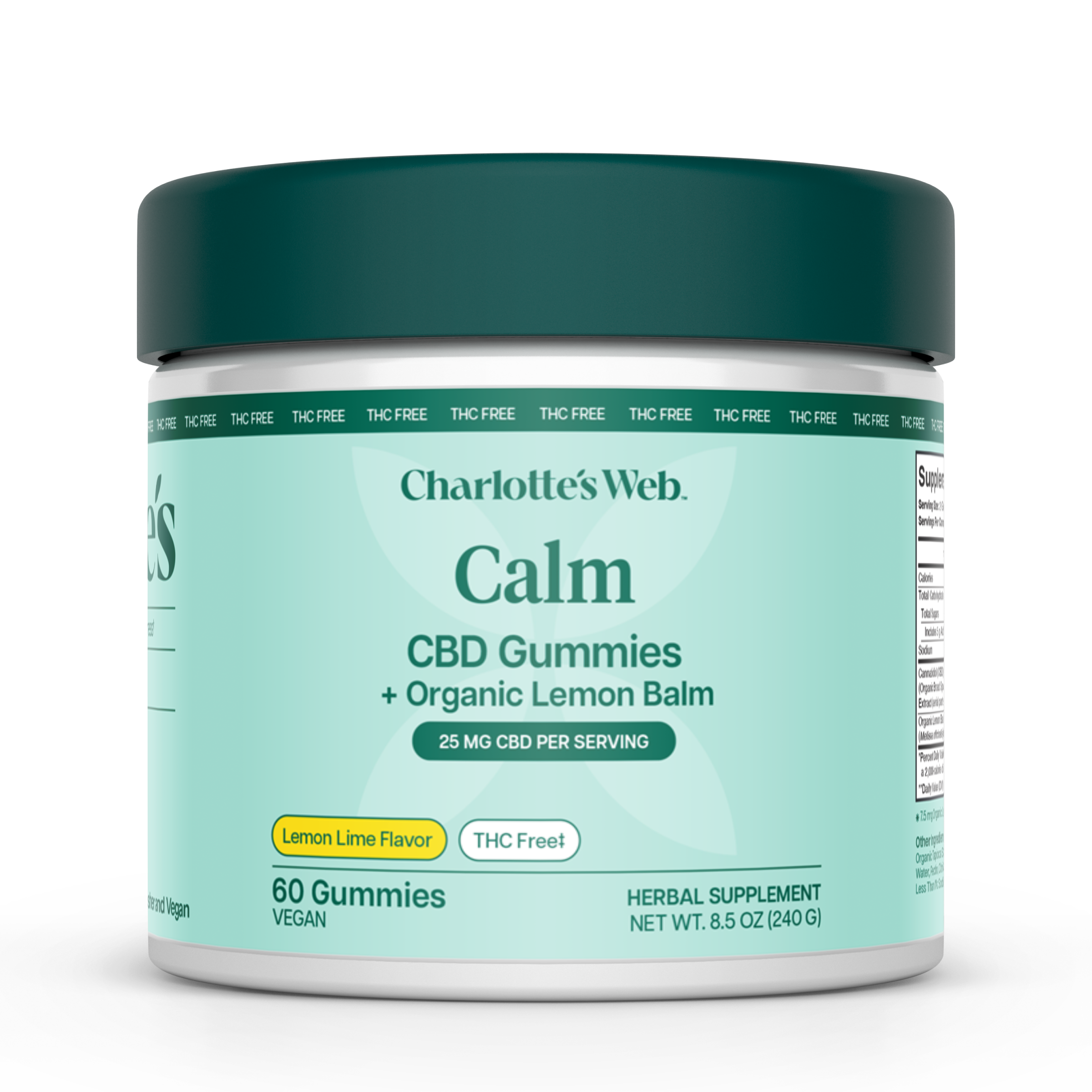 Charlotte's Web Calm Gummies + Organic Lemon Balm herbal supplement jar with a dark teal lid and a light teal label on a white background.