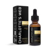 Product Image for Charlotte&#39;s Web hemp extract bottle and packaging on a white background