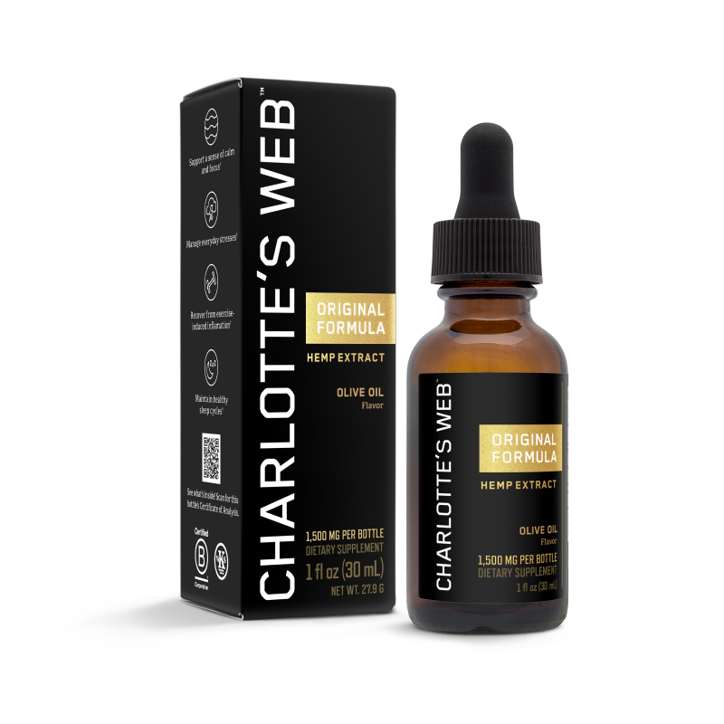 Product Image for Charlotte&#39;s Web hemp extract bottle and packaging on a white background