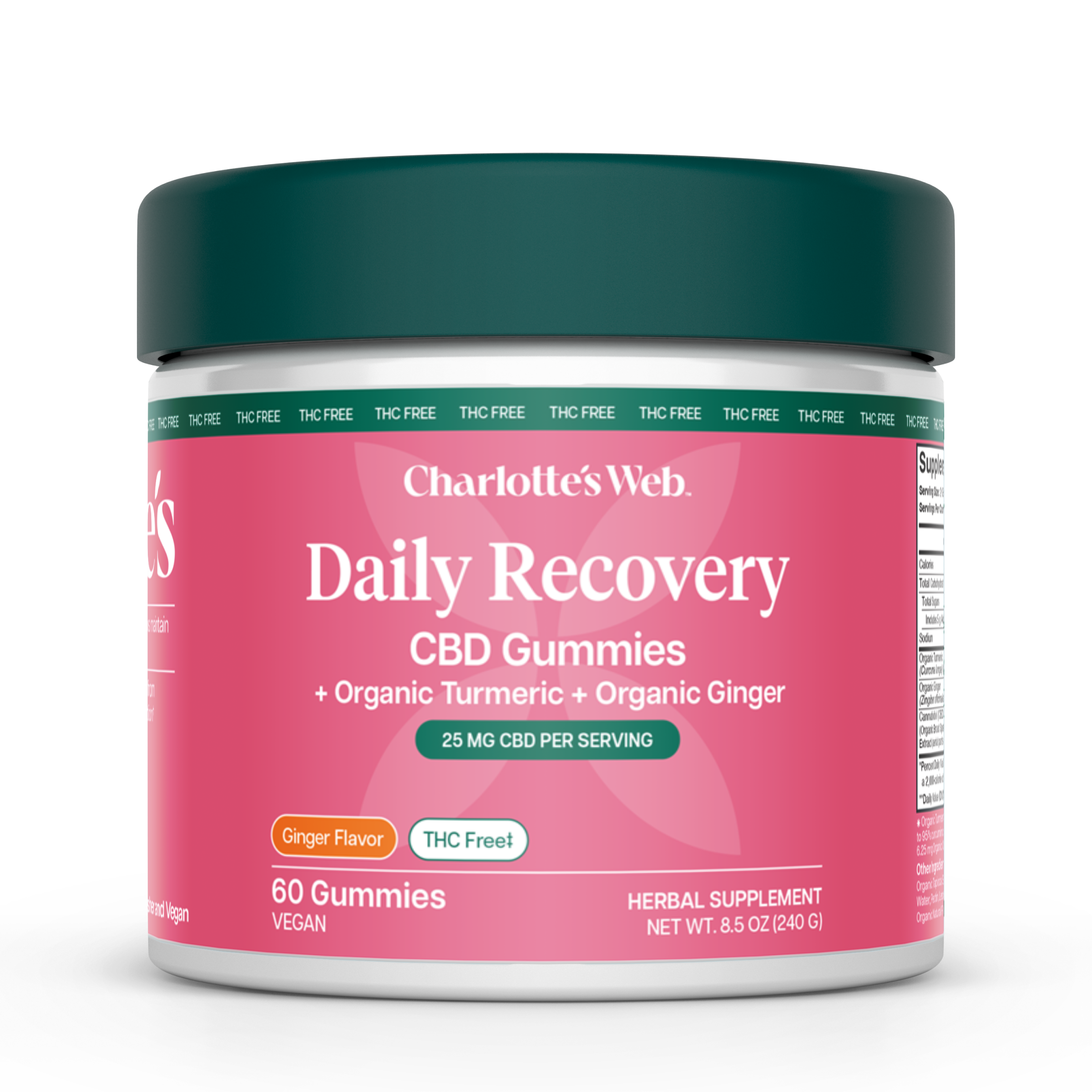 Charlotte's Web Daily Recovery CBD Gummies jar, ginger flavor, 60 gummies, on a white background.